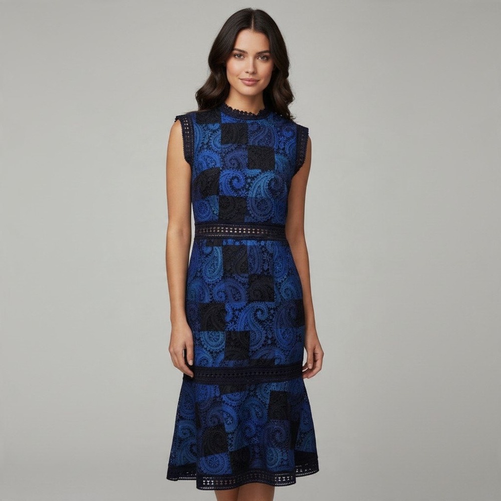 Sea New York Blue Paisley Patchwork Lace Sheath Midi Dress PF16-118 Size 4